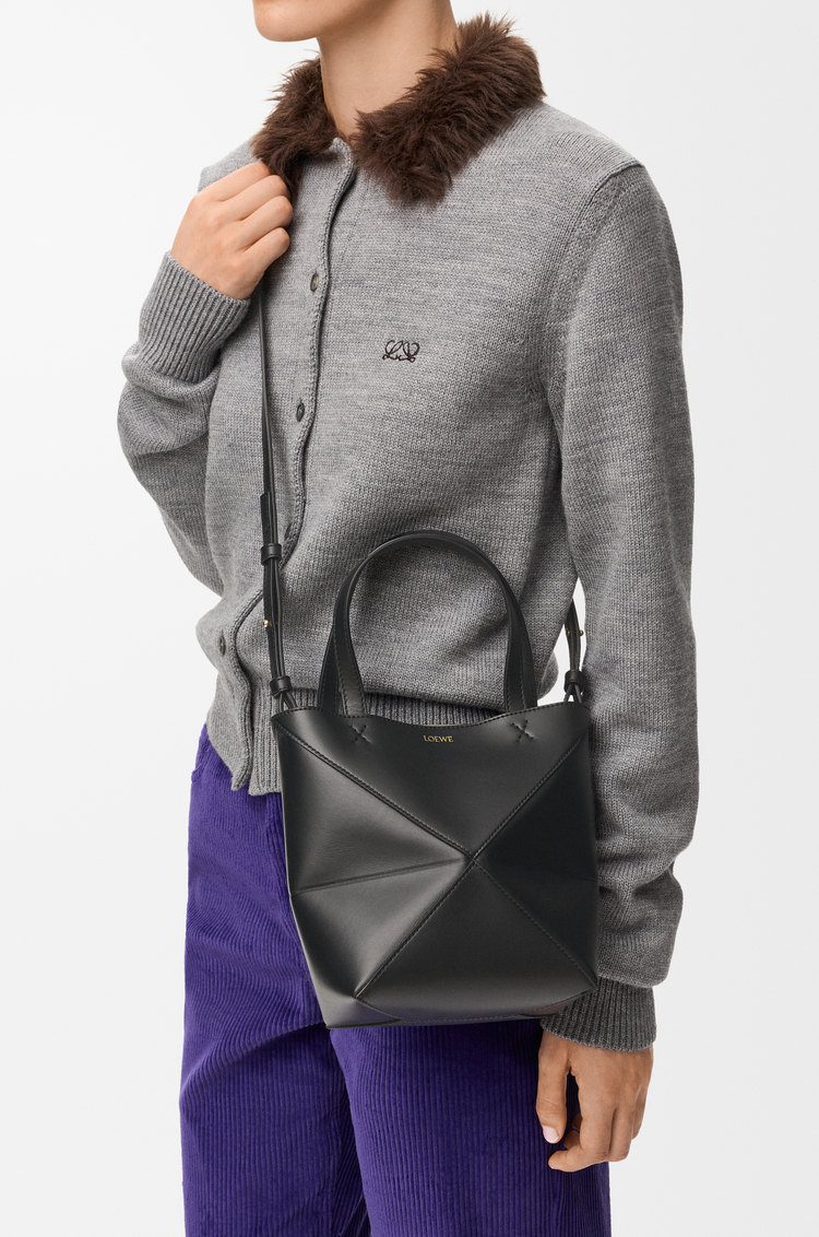 LOEWE Mini Puzzle Fold tote in shiny calfskin Black