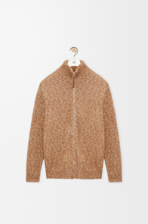 LOEWE Cardigan mit Reißverschluss aus Baumwolle, Leinen und Wolle Beige