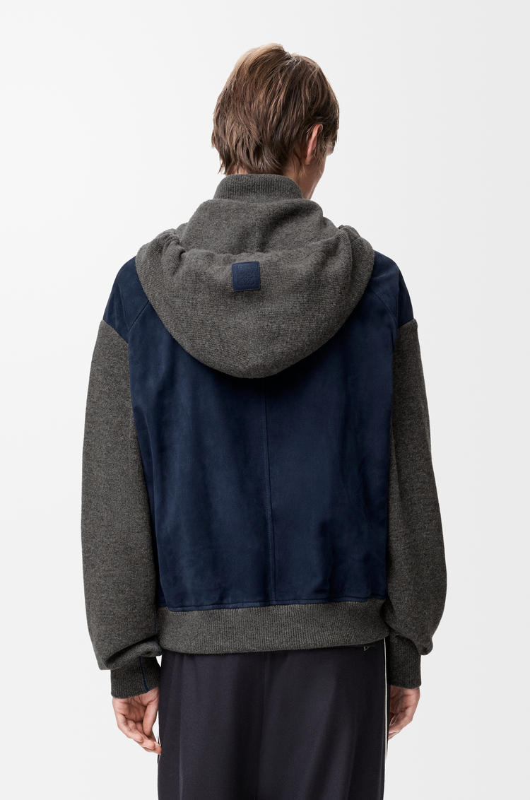 LOEWE Hybrid zip-up hoodie in suede goatskin and wool blend Navy Blue
