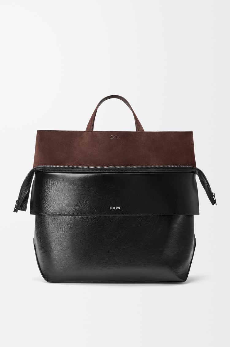 LOEWE 大号纸纹牛皮革和绒面革 Switch 托特手袋 黑色/咖啡色