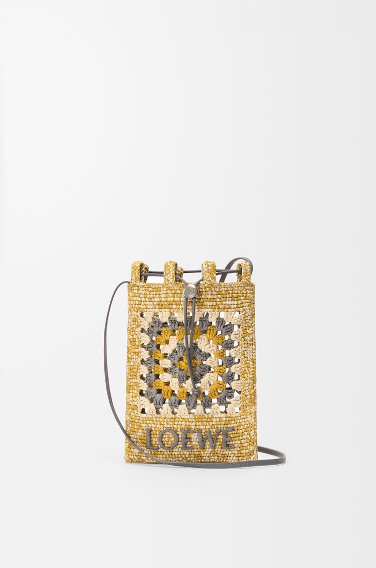 LOEWE Drawstring pocket in classic calfskin and raffia Pearl Grey/Mustard