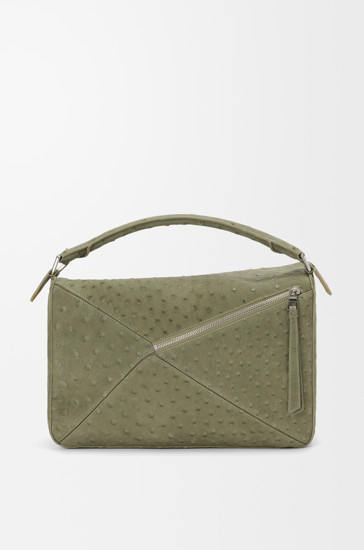 LOEWE Bolso Puzzle grande en nobuck de avestruz Verde Eucalipto