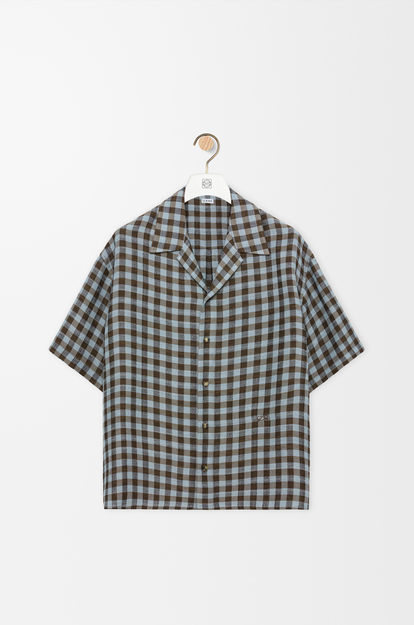 LOEWE Short sleeve shirt in viscose and linen blend Blue/Brown