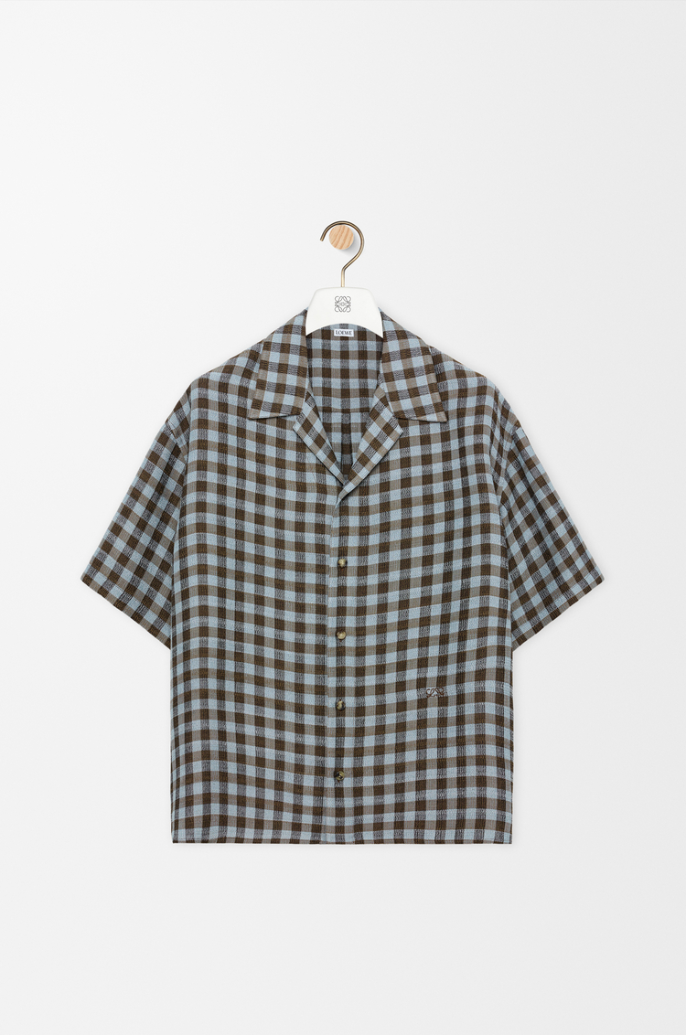 LOEWE Chemise manches courtes en viscose et lin mélangés Blue/Brown
