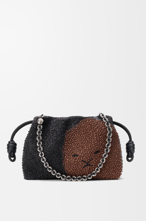 LOEWE Lion Beads Flamenco purse moyen en toile perlée et cuir de veau Black/Pecan