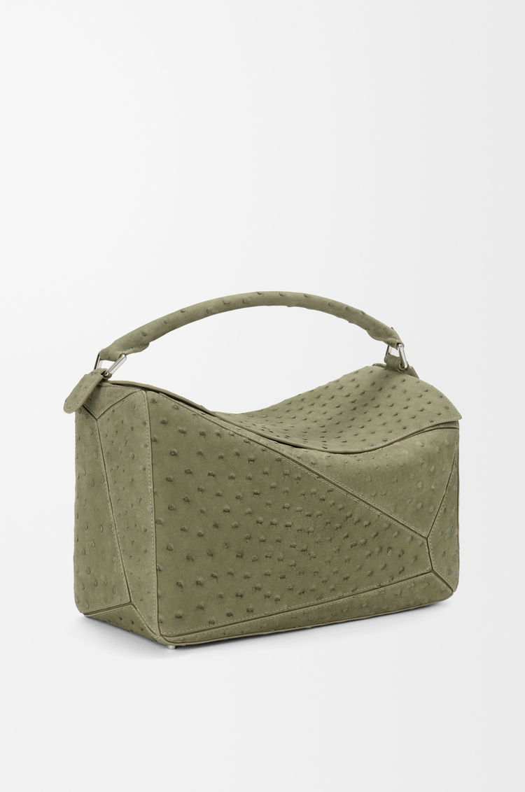 LOEWE Bolso Puzzle grande en nobuck de avestruz Verde Eucalipto