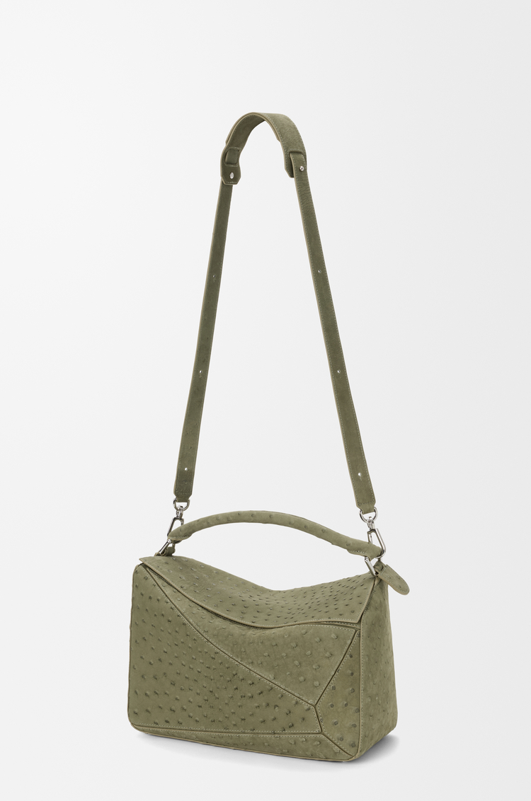 LOEWE Bolso Puzzle grande en nobuck de avestruz Verde Eucalipto
