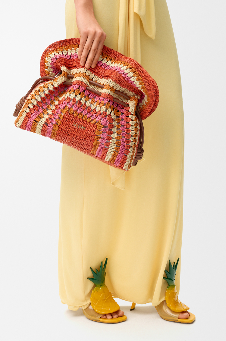 LOEWE Medium Flamenco clutch in raffia and calfskin Bright Orange/Pink