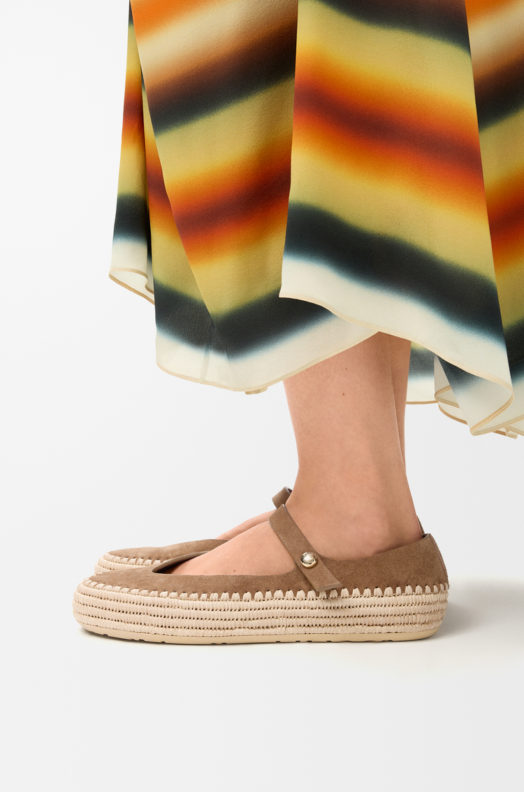 LOEWE Rio Mary-Jane in suede and raffia Dark Beige
