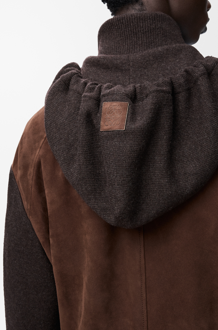 LOEWE Sweatshirt à capuche hybride zippé en chèvre velours et laine mélangée Marron Foncé