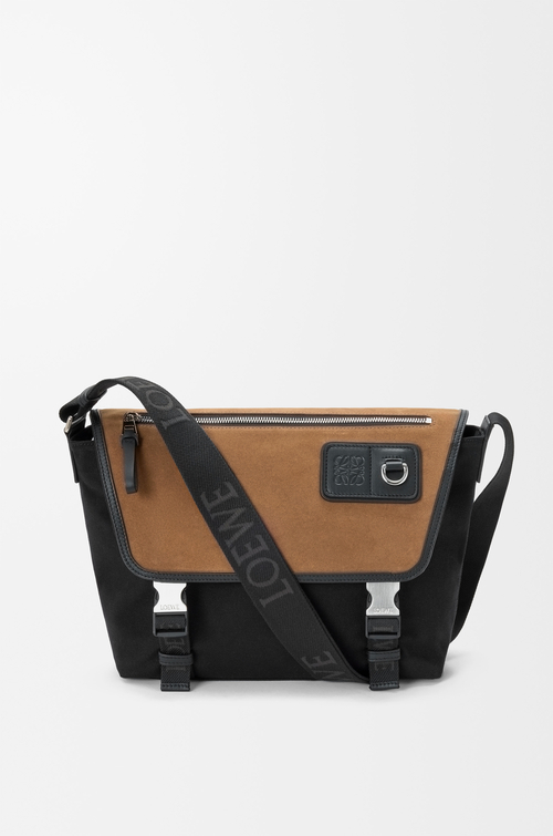 LOEWE Bolso Flex messenger mediano en lona y ante Negro/Dorado Oscuro