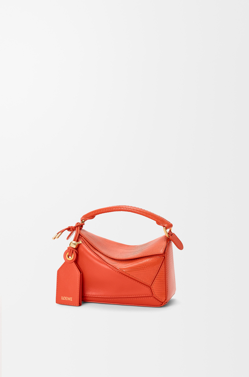 LOEWE Mini sac Featherlight Puzzle en lézard et cuir d'agneau nappa Safran Profond