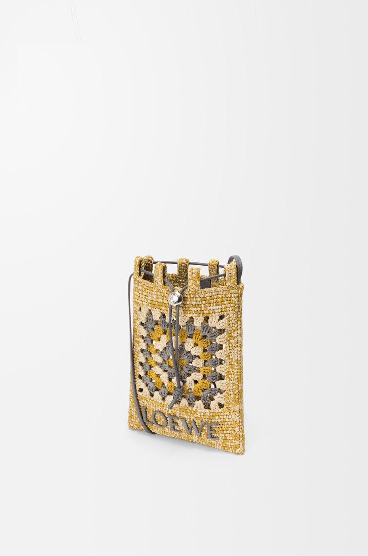 LOEWE Drawstring pocket in classic calfskin and raffia Pearl Grey/Mustard