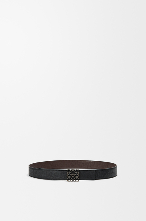 LOEWE Ceinture réversible Anagram en cuir de veau grainé souple Noir/Chocolat/Palladium Vintage