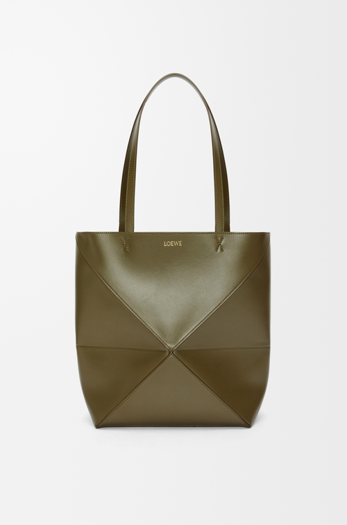 LOEWE Borsa Puzzle Fold Tote media in pelle di vitello lucida Verde Kaki Scuro