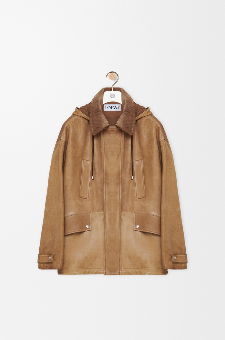 LOEWE Parka corta en piel napa de cordero y algodón Camel