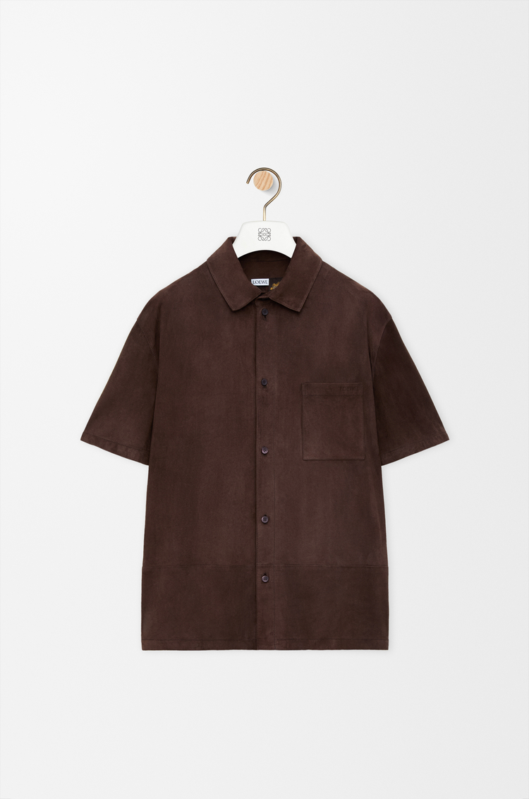 LOEWE Camicia a maniche corte in pelle di capra scamosciata Marrone Scuro