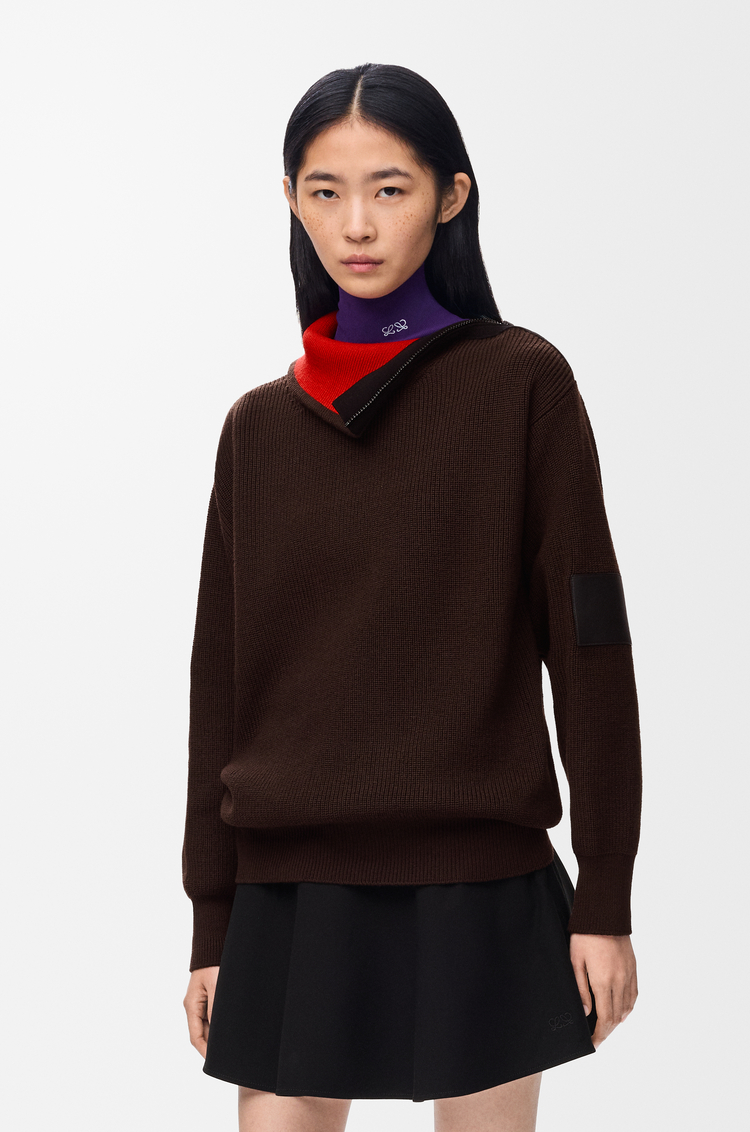 LOEWE Pull zippé en laine Marron