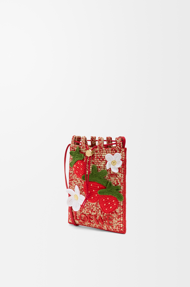 LOEWE Strawberry drawstring pocket in classic calfskin and raffia Multicolor Red