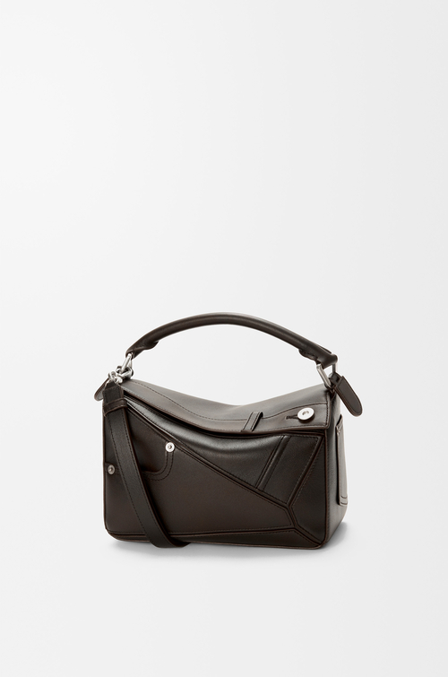 LOEWE Borsa Puzzle piccola Panta in pelle di vitello lucida Marrone Vintage