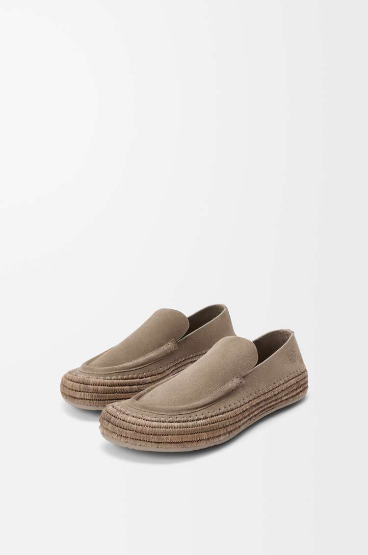 LOEWE Rio loafer in suede and raffia Stone Grey