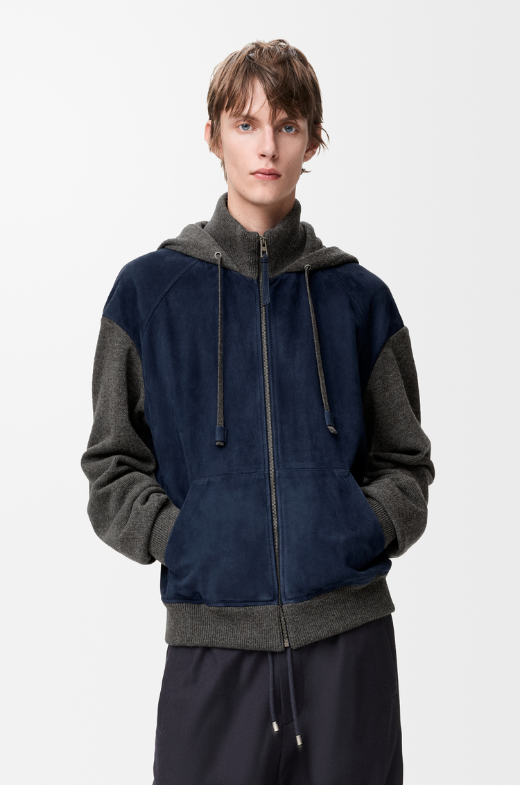 LOEWE Hybrid zip-up hoodie in suede goatskin and wool blend Navy Blue