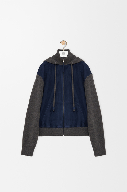 LOEWE Hybrid zip-up hoodie in suede goatskin and wool blend Navy Blue