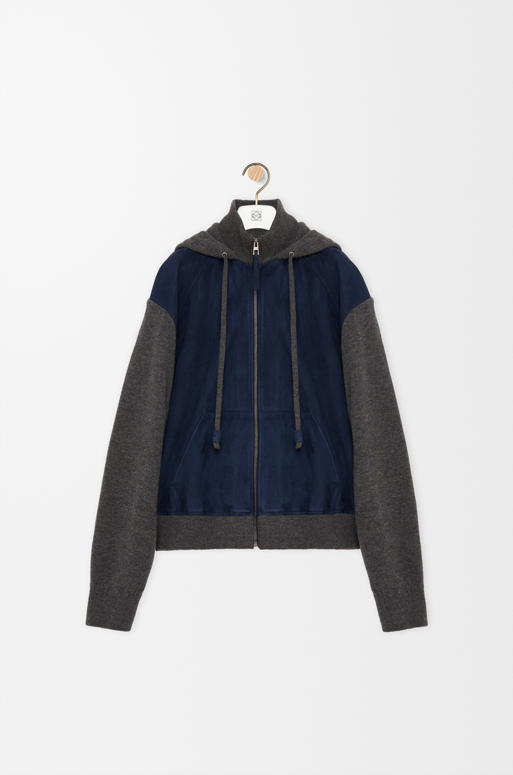 LOEWE Hybrid zip-up hoodie in suede goatskin and wool blend Navy Blue