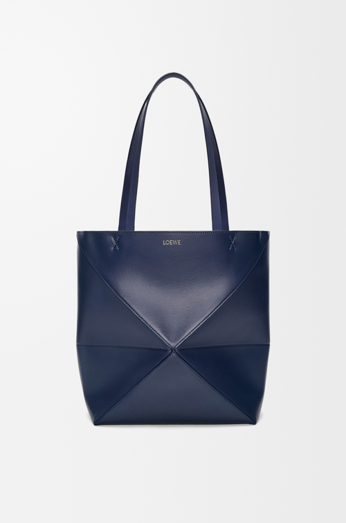 LOEWE Borsa Puzzle Fold Tote media in pelle di vitello lucida Blu Abisso