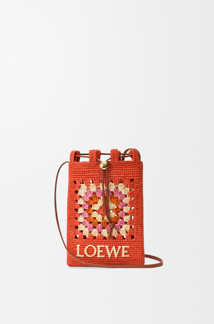 LOEWE Drawstring pocket en cuir de veau classique et raphia Orange Vif/Rose