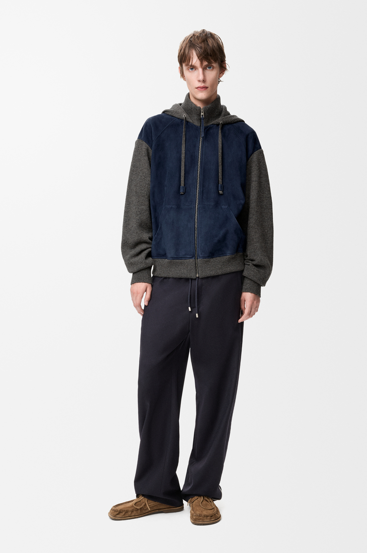 LOEWE Hybrid zip-up hoodie in suede goatskin and wool blend Navy Blue