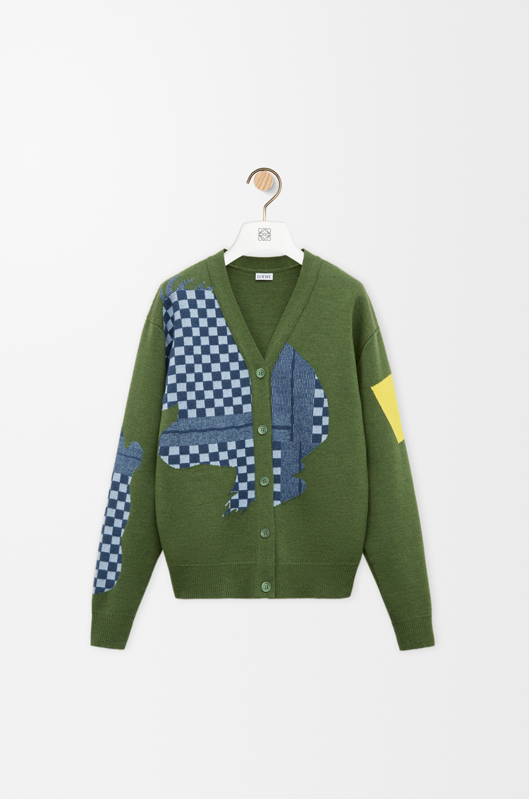 LOEWE Cardigan en laine Vert Kaki/Multicolore