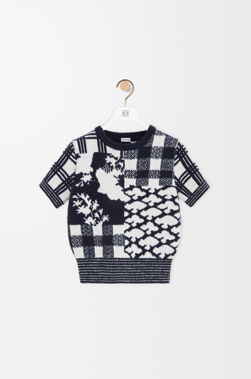 LOEWE Pull manches courtes en laine Bleu Marine/Blanc