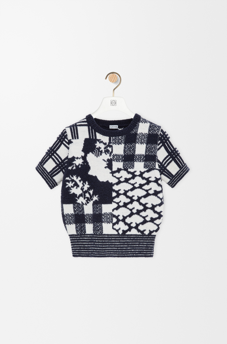 LOEWE Pull manches courtes en laine Bleu Marine/Blanc