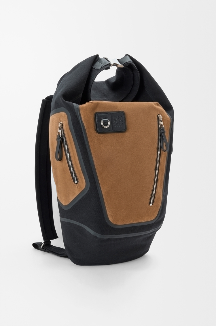LOEWE Flex roll-top backpack in canvas and suede Black/Dark Gold