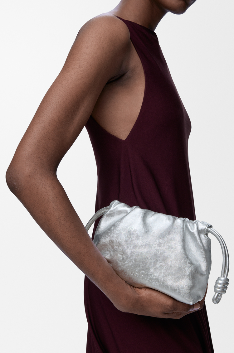 LOEWE Mini Flamenco purse in moiré printed calfskin Silver