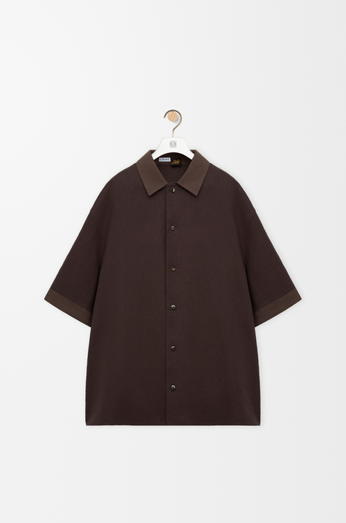 LOEWE Camicia a maniche corte in cotone e lino Marrone Scuro/Marrone