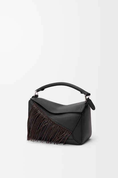 LOEWE Fringe small Puzzle bag in classic calfskin Black/Dark Chestnut