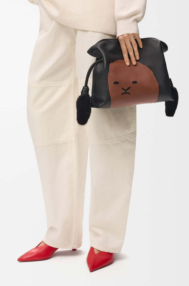 LOEWE Medium Lion Intarsio Flamenco clutch in calfskin Black/Pecan