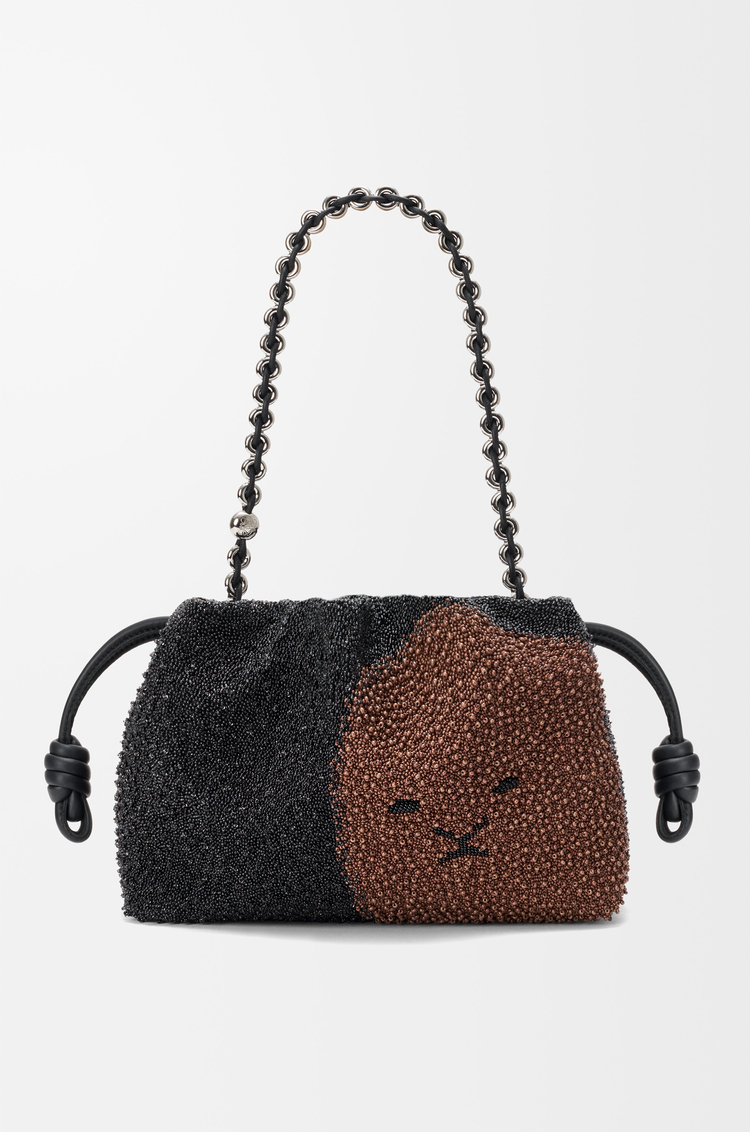 LOEWE 미디엄 라이언 비즈 플라멩코 펄스 - 비즈 캔버스 & 카프스킨 블랙/피칸