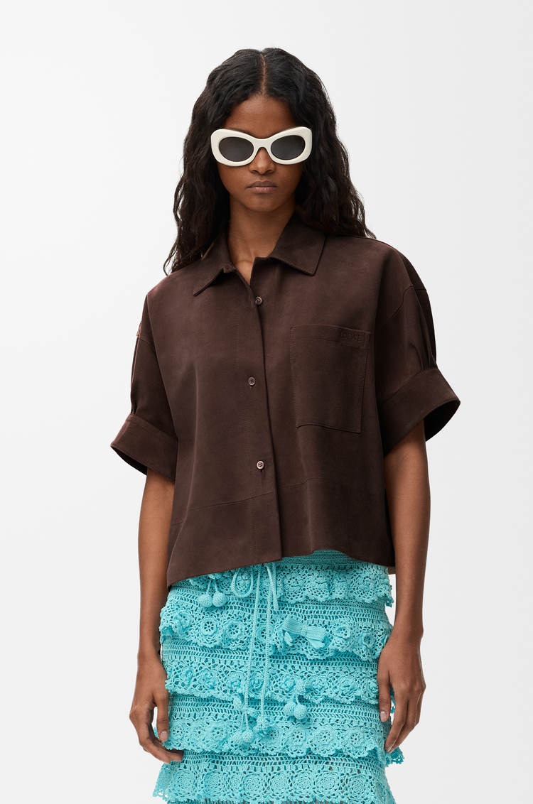 LOEWE Short sleeve shirt in suede goatskin Dark Brown