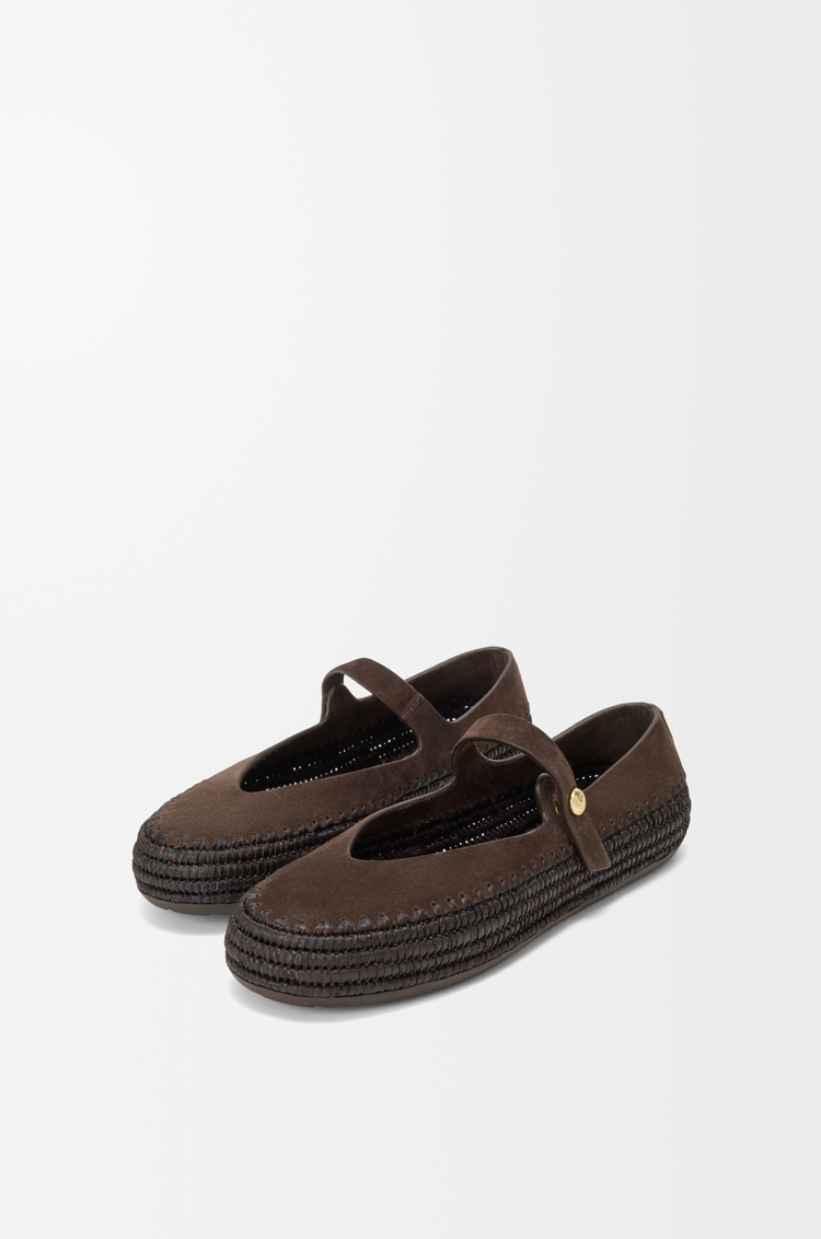 LOEWE Rio Mary-Jane in suede and raffia Dark Brown