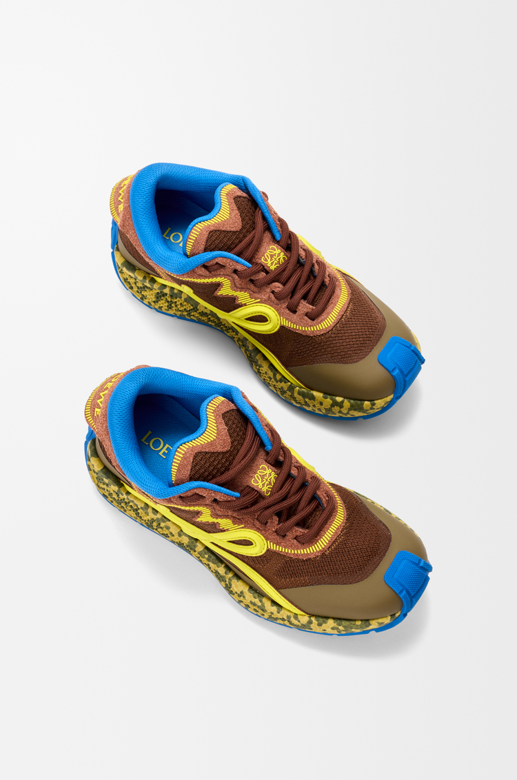 LOEWE Sneaker Pogo en maille technique et cuir velours Marron/Vert/Kaki