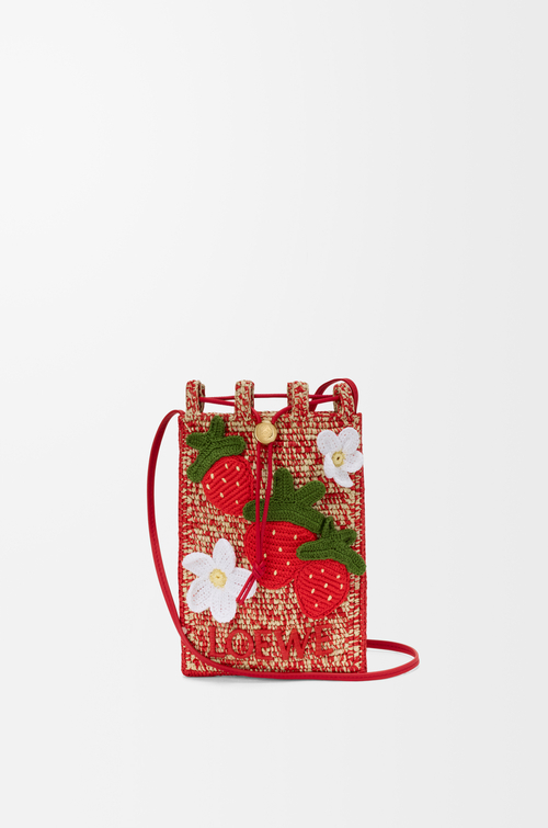 LOEWE Strawberry drawstring pocket in classic calfskin and raffia Multicolor Red