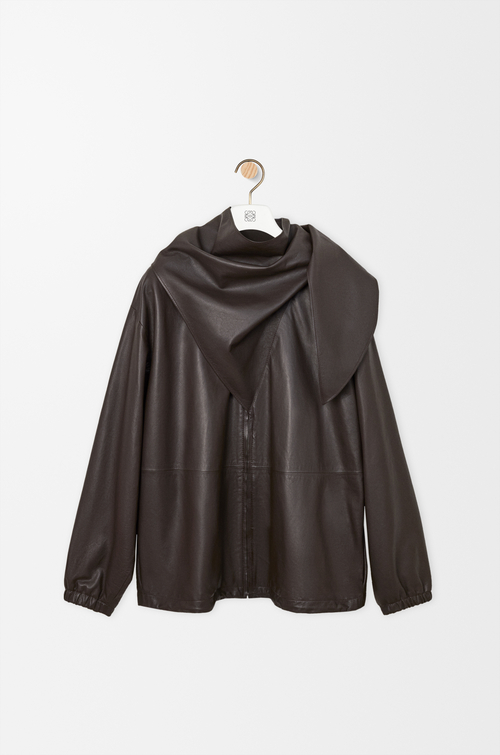 LOEWE Veste col foulard en cuir de veau nappa Marron Foncé
