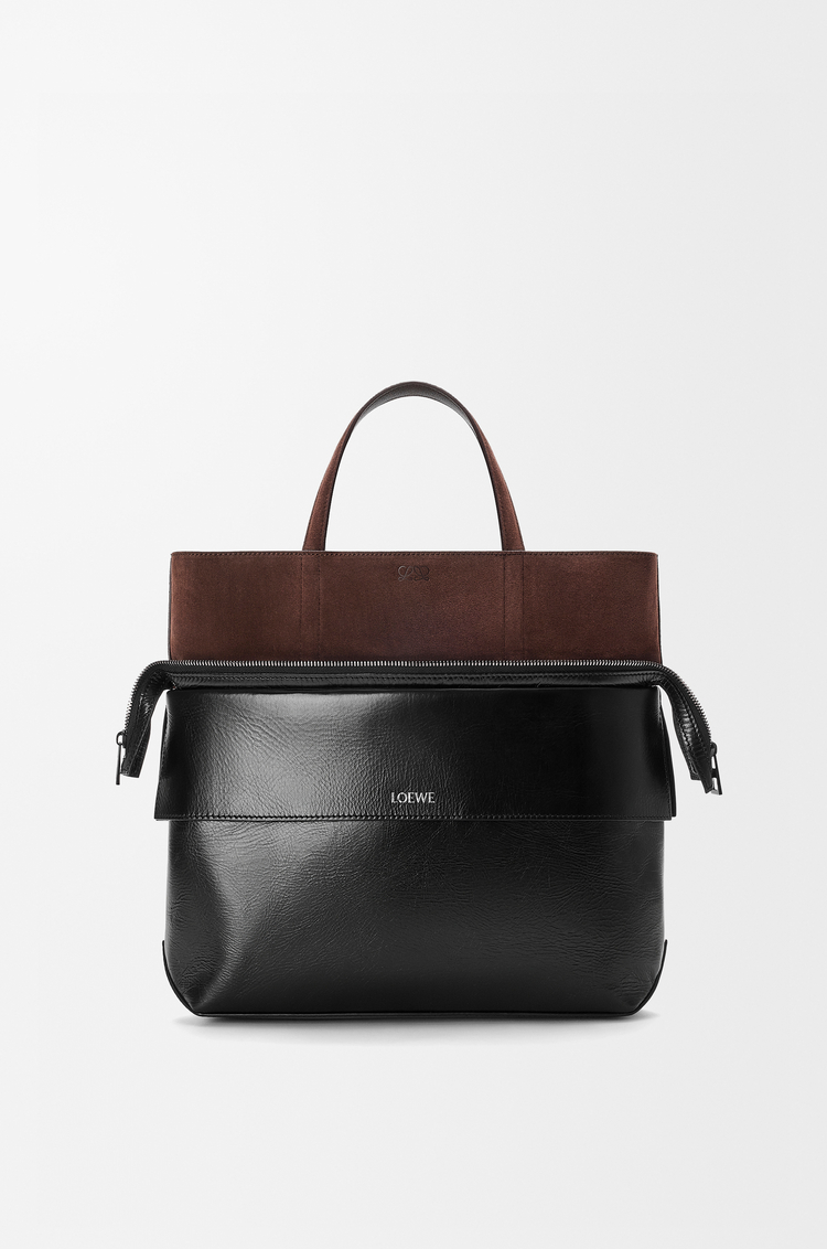 LOEWE 小号纸纹牛皮革和绒面革 Switch 托特手袋 黑色/咖啡色