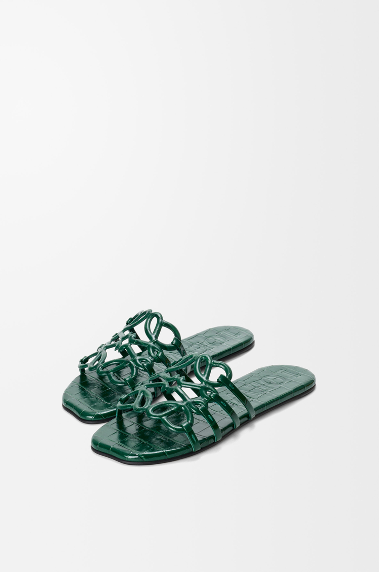 LOEWE Petal Anagram slide in croc-embossed calfskin Emerald Green