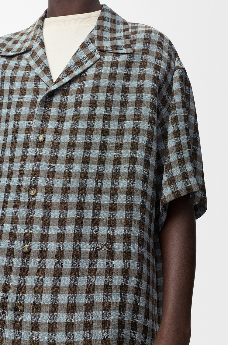 LOEWE Chemise manches courtes en viscose et lin mélangés Blue/Brown