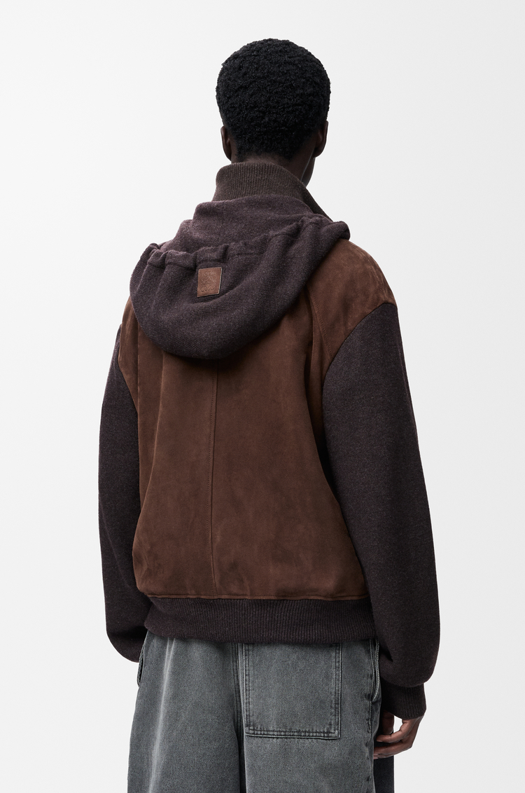 LOEWE Sweatshirt à capuche hybride zippé en chèvre velours et laine mélangée Marron Foncé