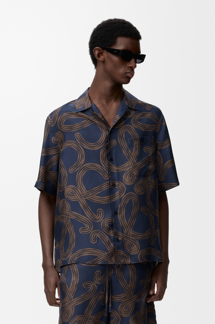 LOEWE Short sleeve shirt in silk Navy/Brown